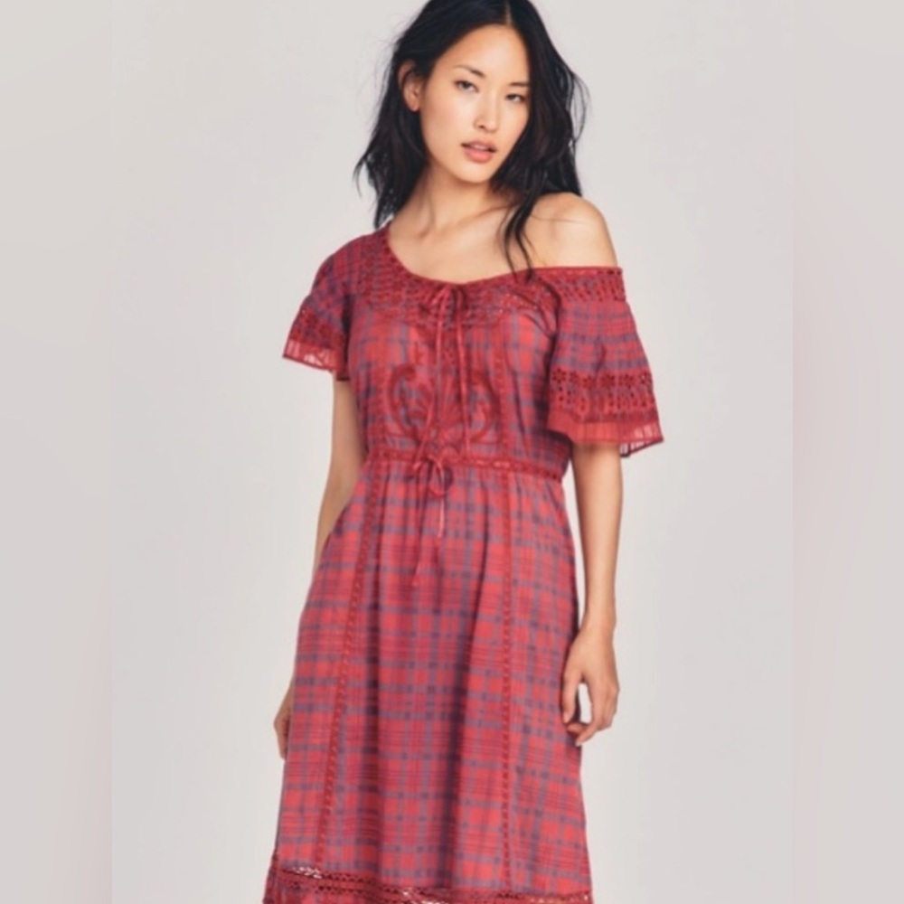 LOVESHACKFANCY MADELINE PLAID OFF SHOULDER LACE DETAIL MIDI DRESS SZ XS